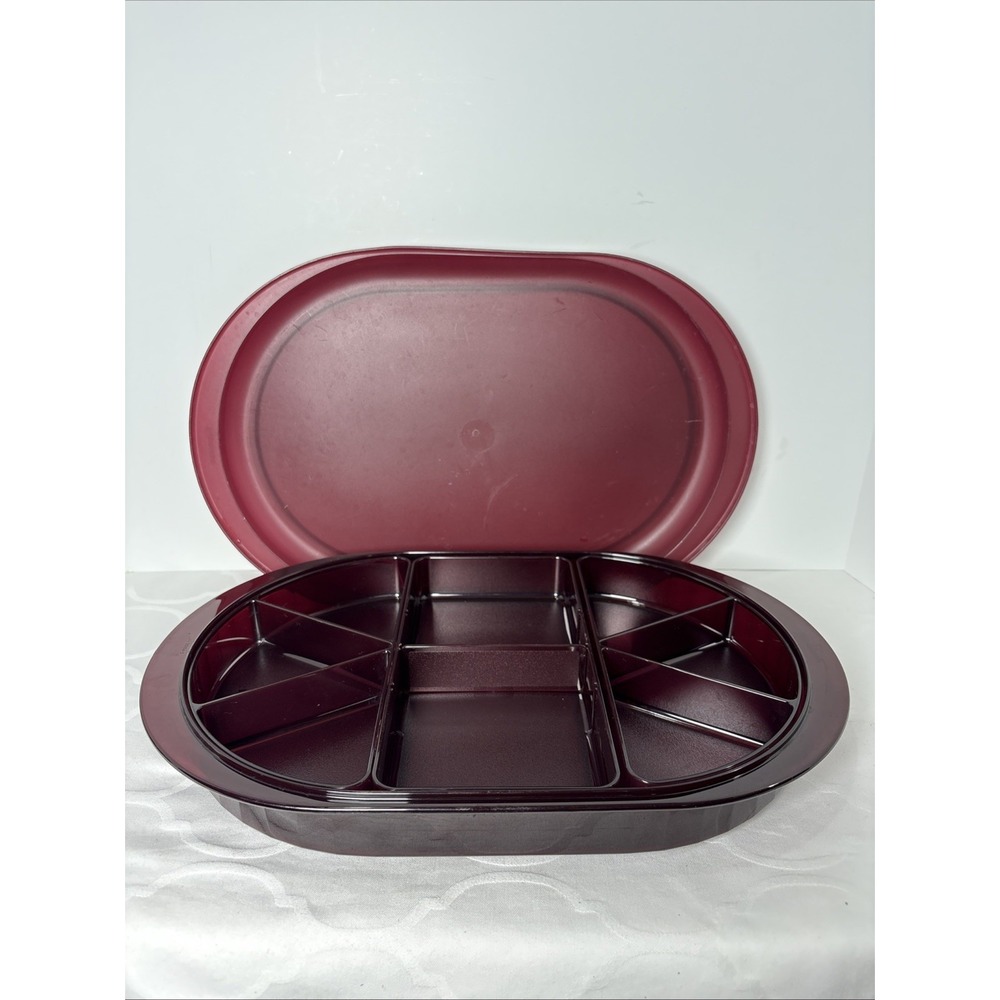 Vintage Tupperware Preludio Cranberry Acrylic Serving Tray w/Dividers & Lid